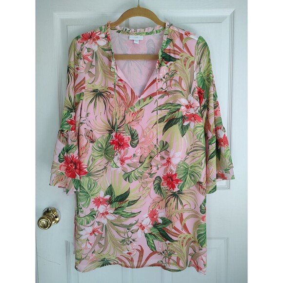 J Jill Size Small Tropical Floral Print Tunic Top Pink Bell Sleeve Lined VNeck - Picture 1 of 8